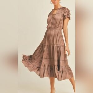 NEW Reset ByJane Chic Tan/ Champagne Maxi Dress with Ruffle Short Sleeves
